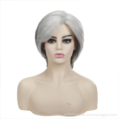 wholesale heat resistant short ombre silvery with gray color wig with Partial part synthetic hair wigs for women